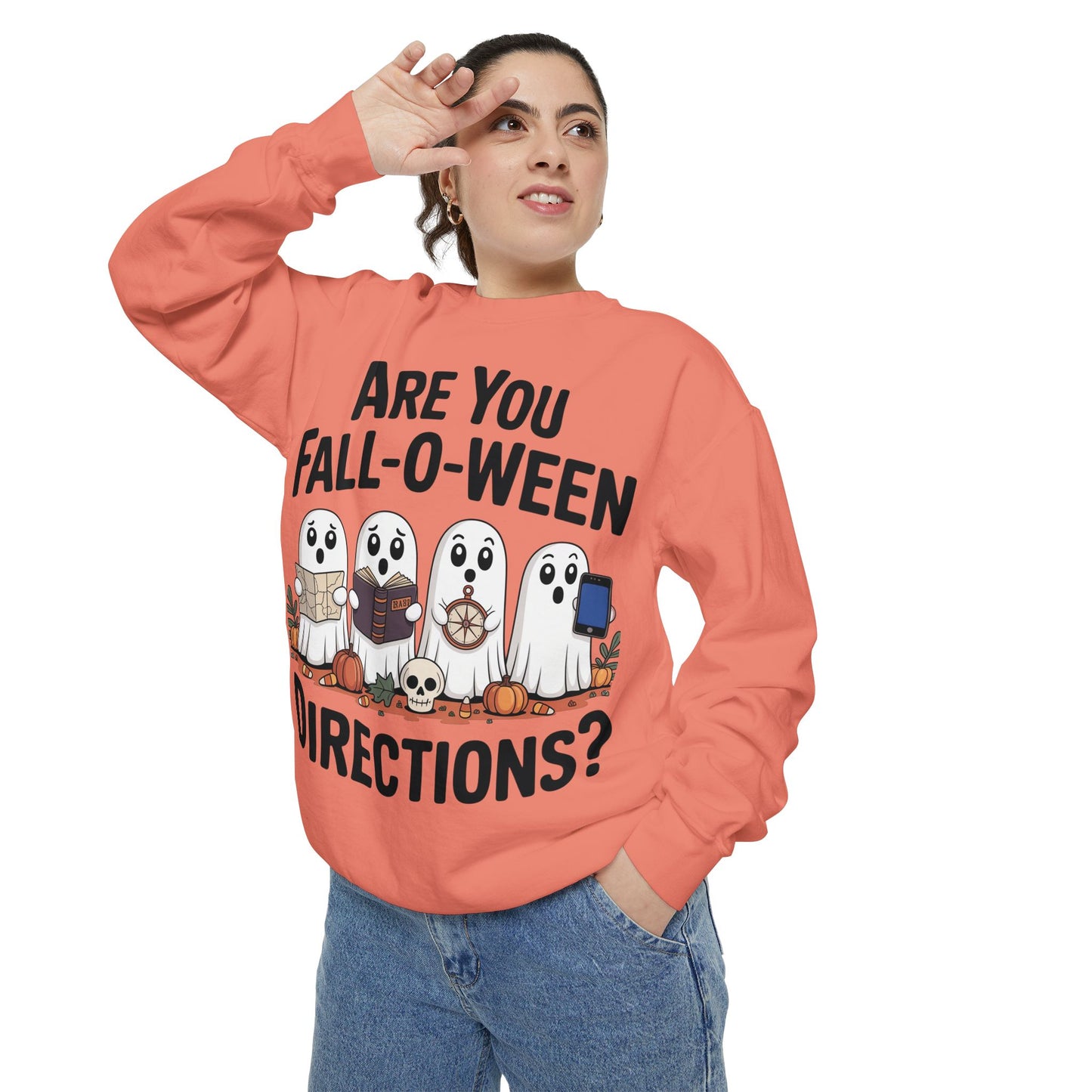Ghostly Fall-O-Ween Sweatshirt, Unisex Garment-Dyed Pullover, Cozy Halloween Attire, Ghost Sweater, Fall Fashion, Spooky Gift