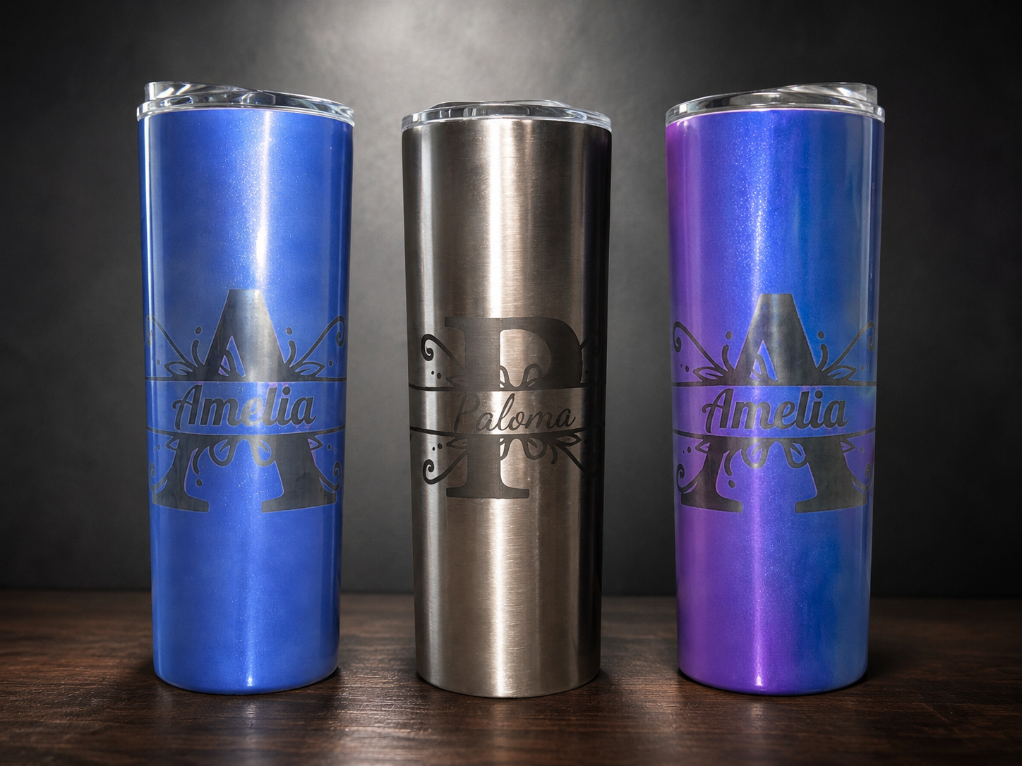 Custom engraved stainless and coated tumblers