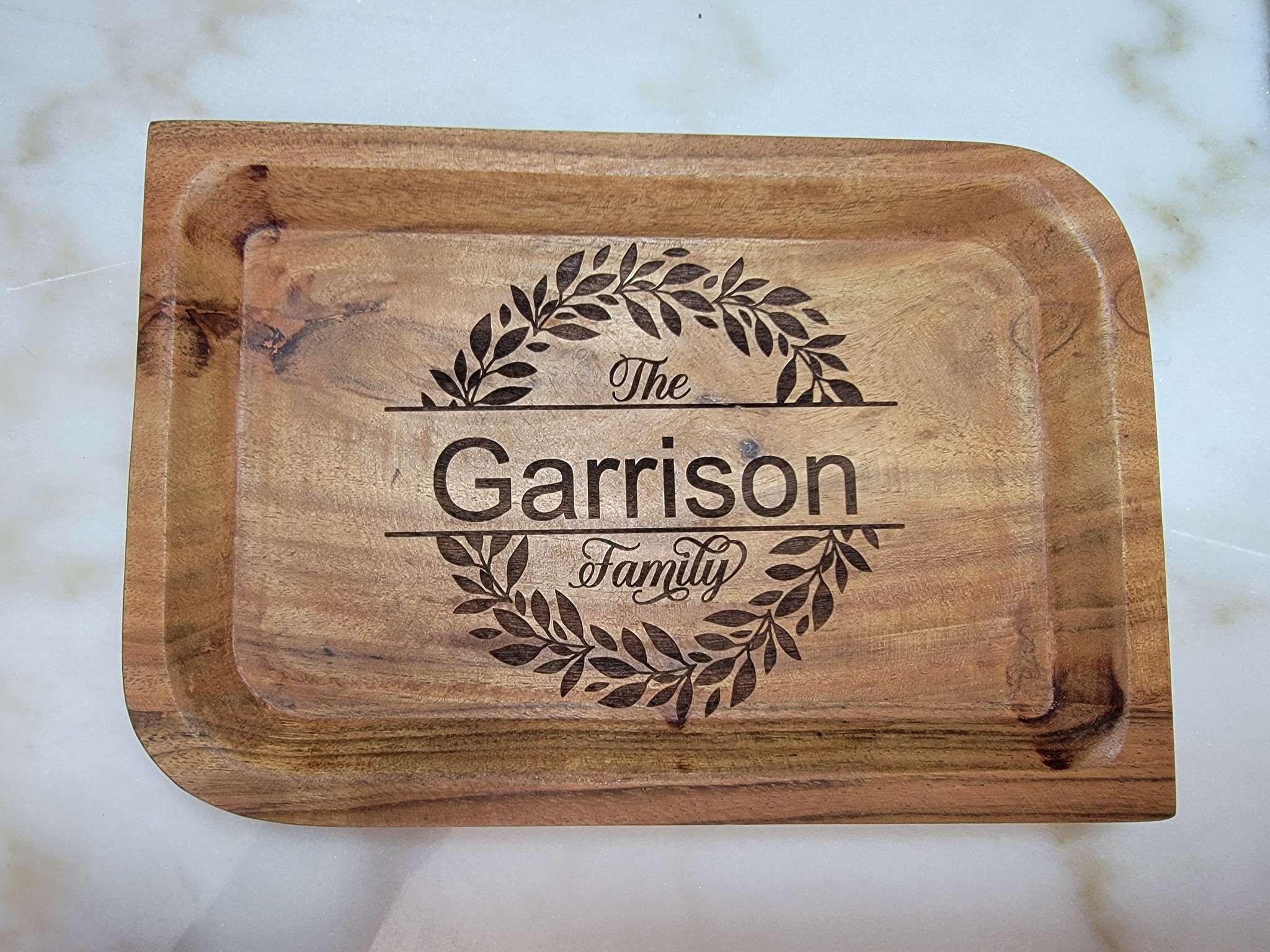 Wooden valet tray close-up view