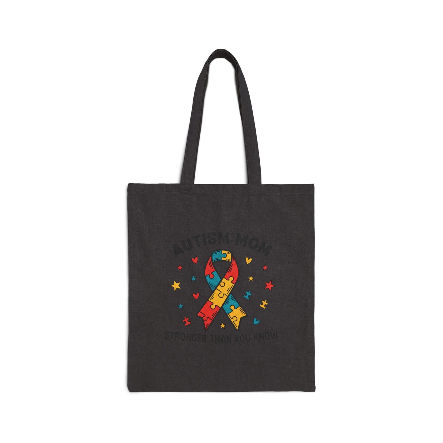 Autism Mom Cotton Canvas Tote Bag — “STRONGER THAN YOU KNOW” Puzzle Ribbon
