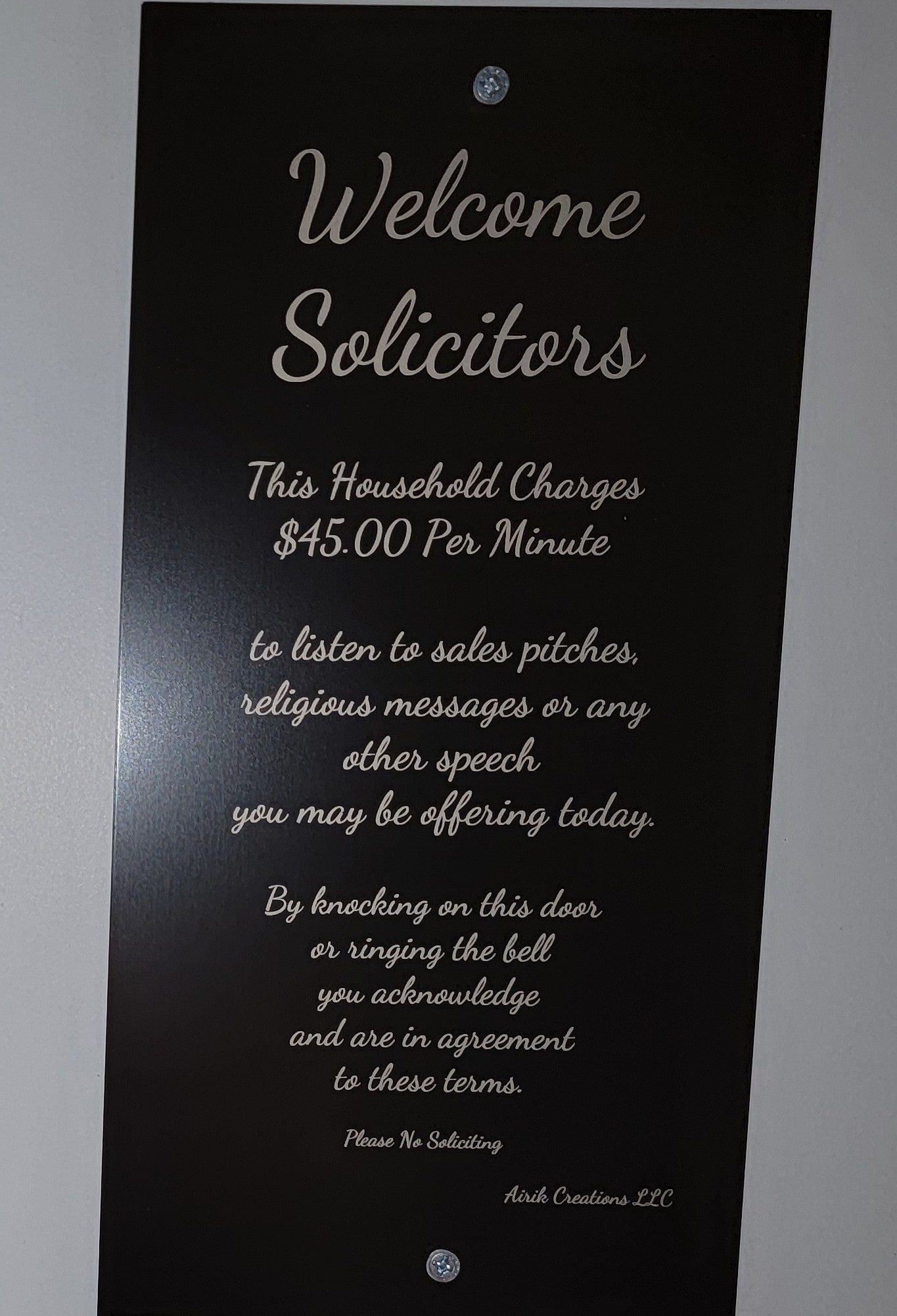 12x6 Black Aluminum Sign No Soliciting - Airik Creations LLC