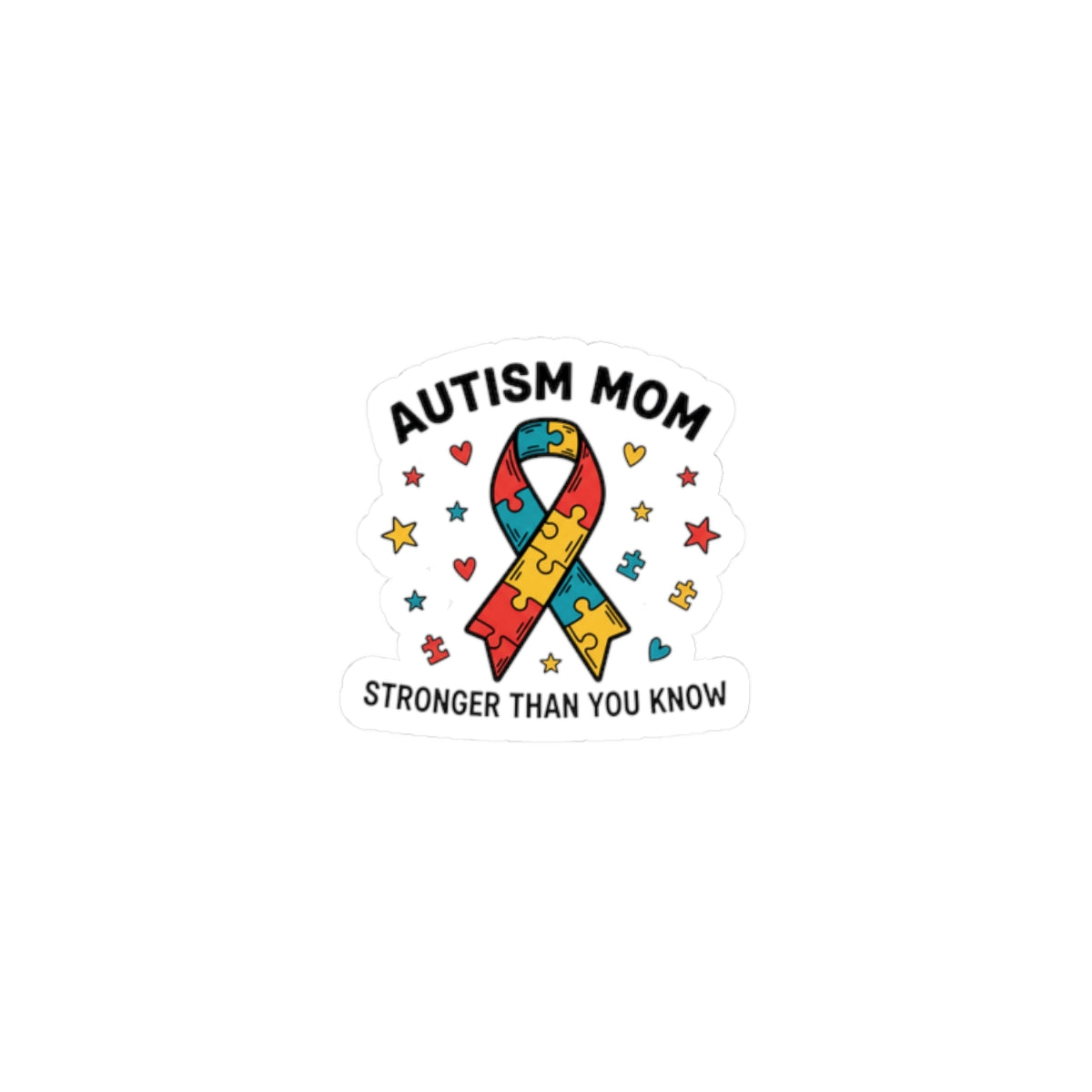 Autism Mom Puzzle Ribbon Sticker — "AUTISM MOM — STRONGER THAN YOU KNOW"