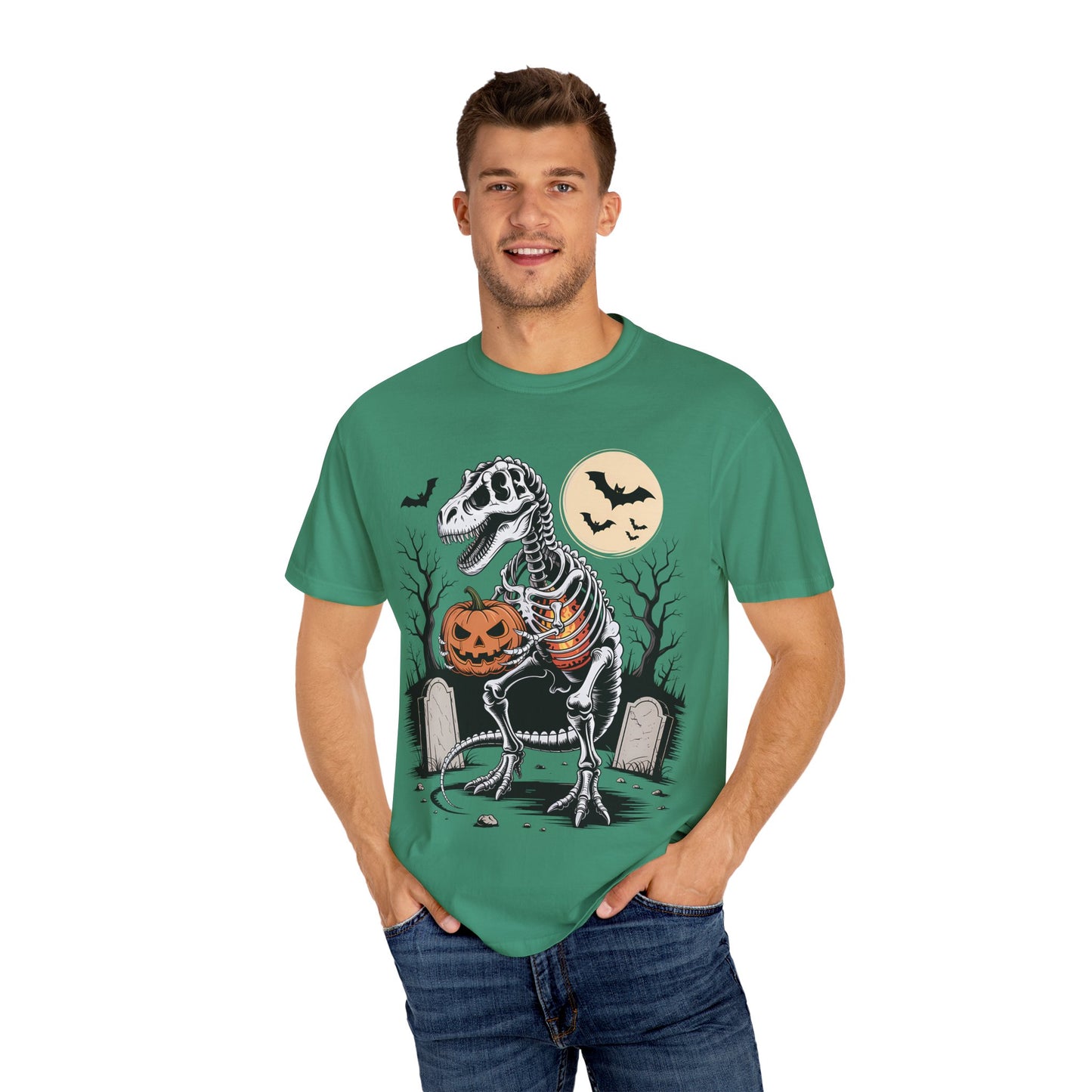 Halloween Skeleton Dino T-Shirt, Unisex Graphic Tee, Spooky T-Shirt, Fall Fashion, Trick or Treat Shirt, Costume Party Top