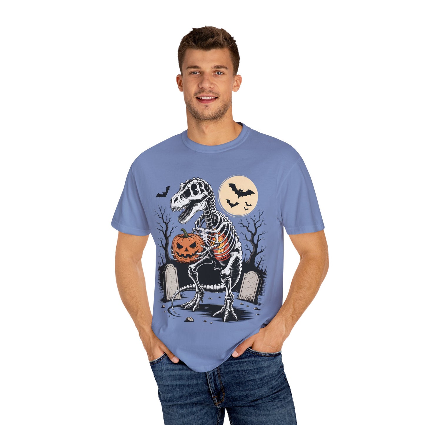 Halloween Skeleton Dino T-Shirt, Unisex Graphic Tee, Spooky T-Shirt, Fall Fashion, Trick or Treat Shirt, Costume Party Top