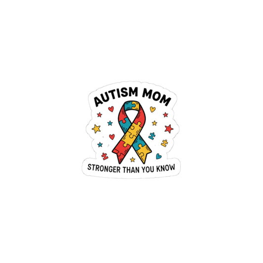 Autism Mom Puzzle Ribbon Sticker — "AUTISM MOM — STRONGER THAN YOU KNOW"
