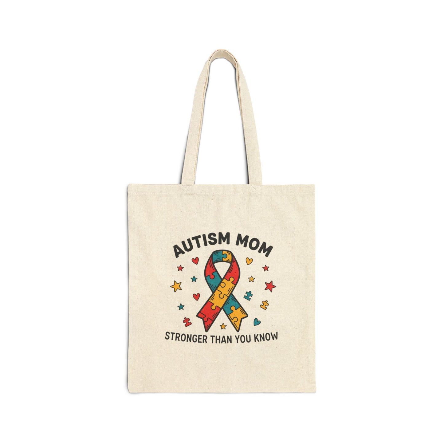 Autism Mom Cotton Canvas Tote Bag — “STRONGER THAN YOU KNOW” Puzzle Ribbon