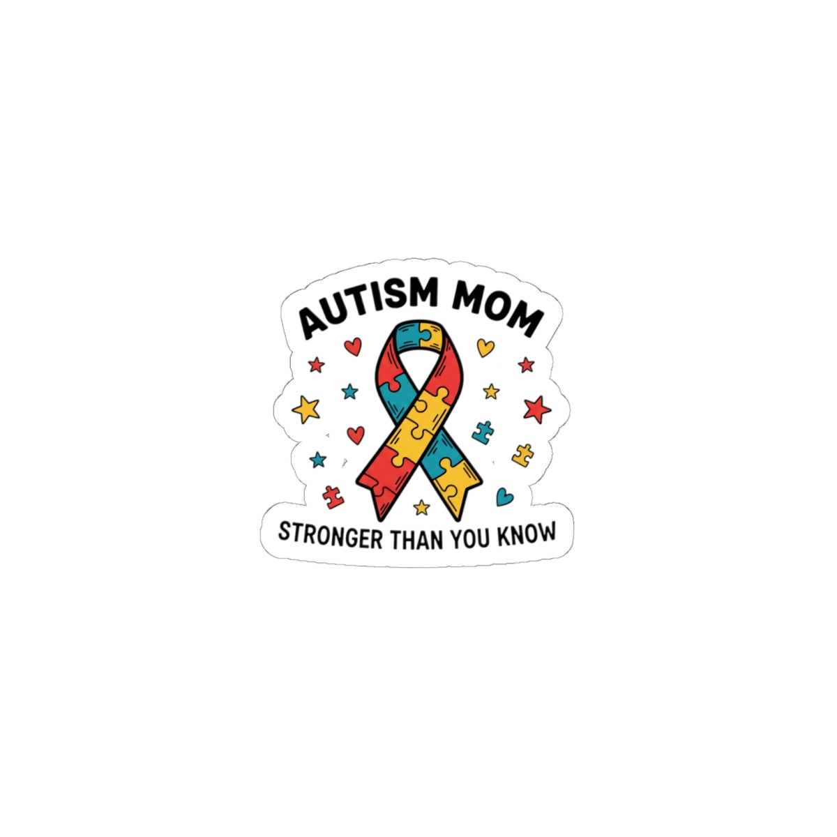 Autism Mom Puzzle Ribbon Sticker — "AUTISM MOM — STRONGER THAN YOU KNOW"