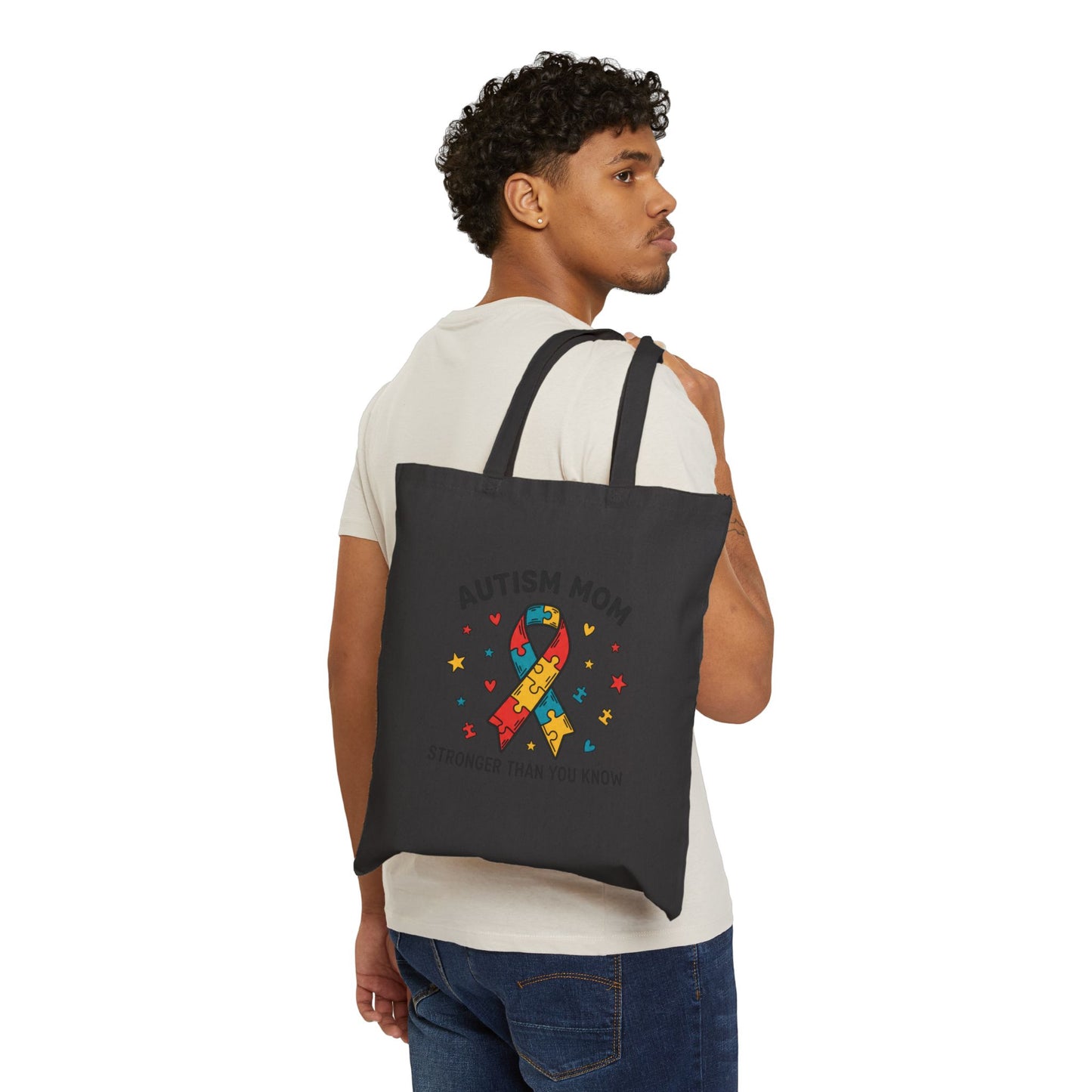 Autism Mom Cotton Canvas Tote Bag — “STRONGER THAN YOU KNOW” Puzzle Ribbon