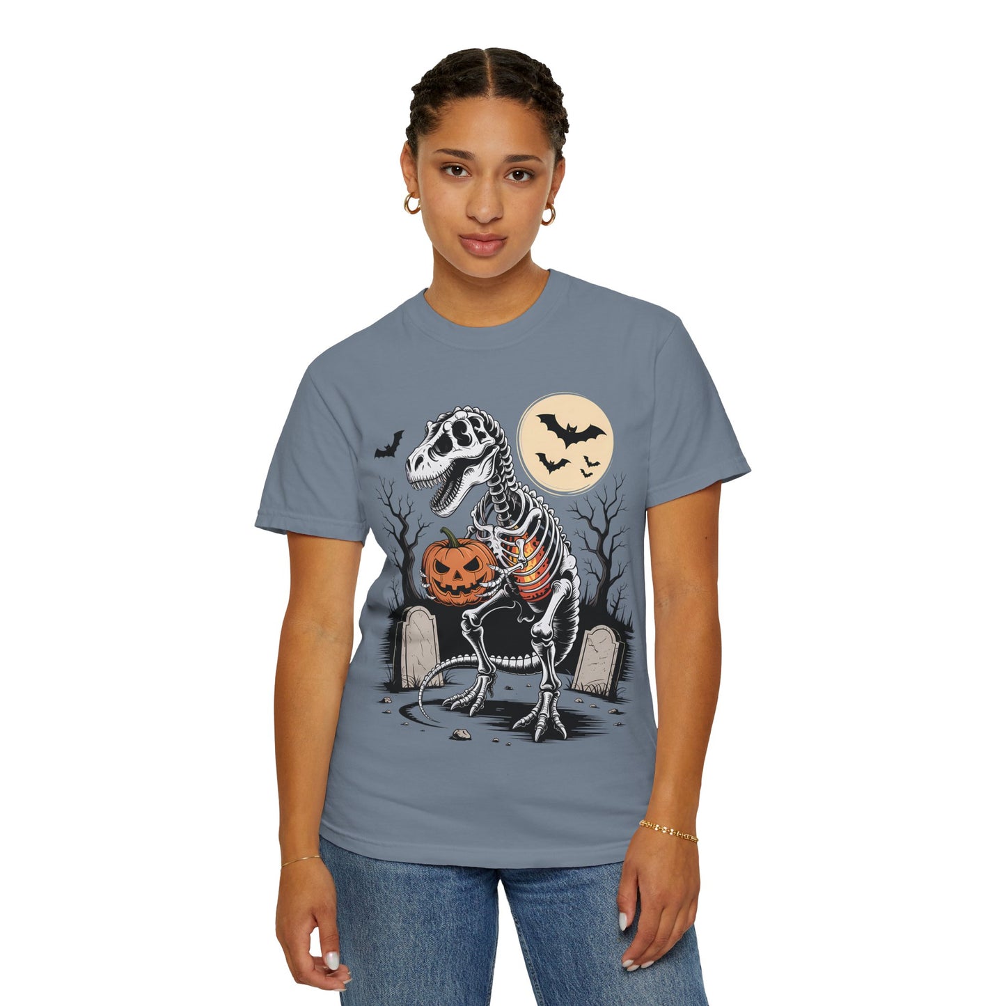 Halloween Skeleton Dino T-Shirt, Unisex Graphic Tee, Spooky T-Shirt, Fall Fashion, Trick or Treat Shirt, Costume Party Top