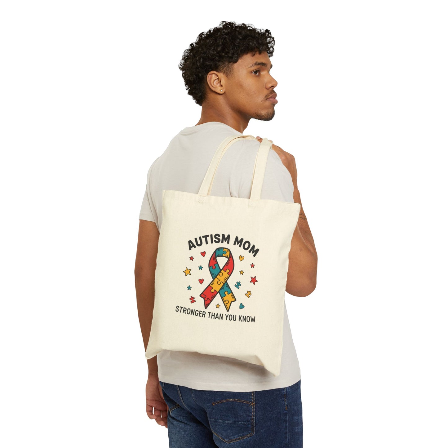 Autism Mom Cotton Canvas Tote Bag — “STRONGER THAN YOU KNOW” Puzzle Ribbon
