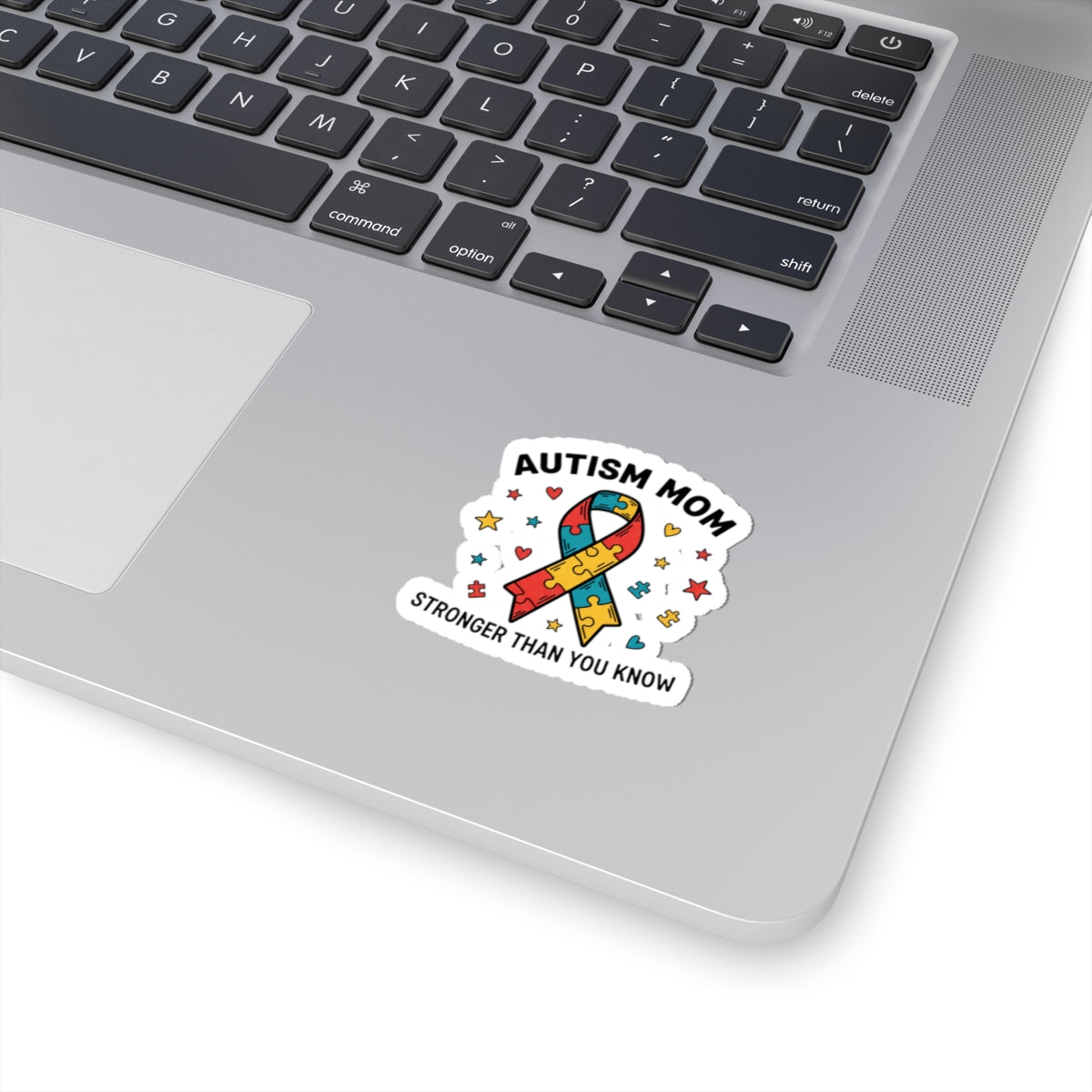 Autism Mom Puzzle Ribbon Sticker — "AUTISM MOM — STRONGER THAN YOU KNOW"