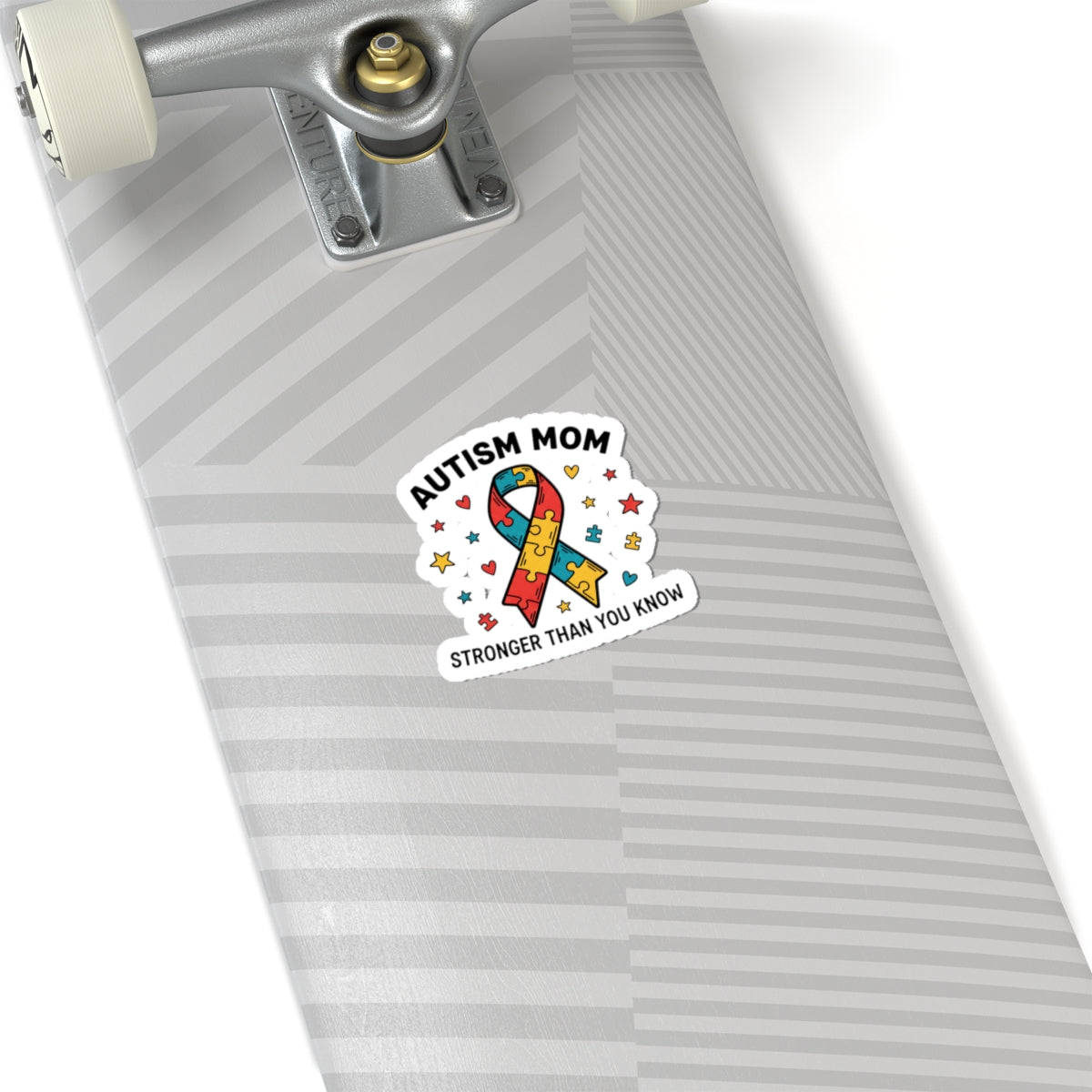 Autism Mom Puzzle Ribbon Sticker — "AUTISM MOM — STRONGER THAN YOU KNOW"