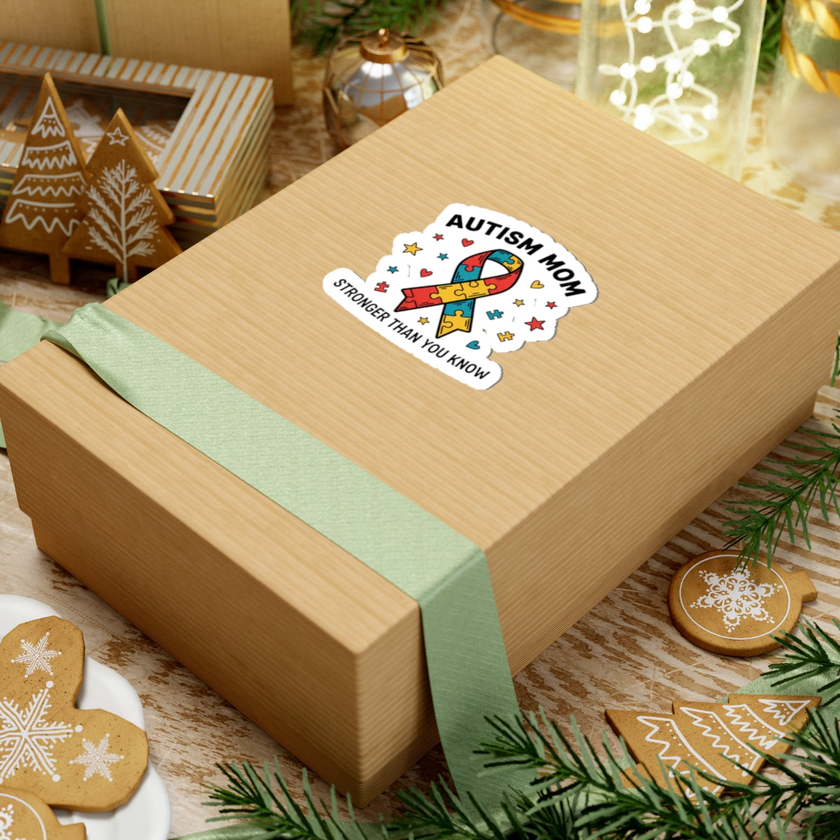 Autism Mom Puzzle Ribbon Sticker — "AUTISM MOM — STRONGER THAN YOU KNOW"